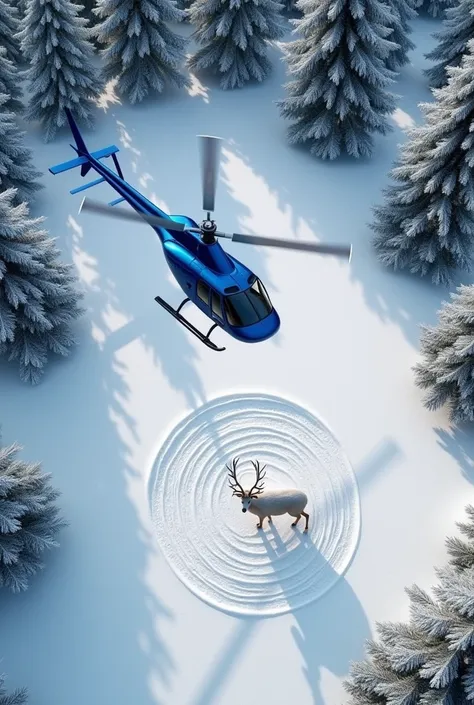 A blue rescue helicopter hovers over a snow-covered forest, casting a circular wind pattern on the snow below. The camera captures a top-down aerial view, showing the helicopter's spinning rotor blades kicking up fine powdery snow. Below, a majestic white ...