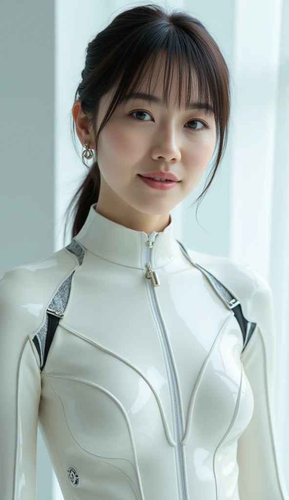 1 young  skinny girl,  Super Beautiful Model Girl ,  adorable.  Ultra Thin Flexible Hi-Tech White Suit .   Special Liquid Material Like Latex .  Full Body Contour . Sci-fi Fetishes . Symmetrical clothing.   Photogenic Face  .  skinny.  small .   Asian Supe...