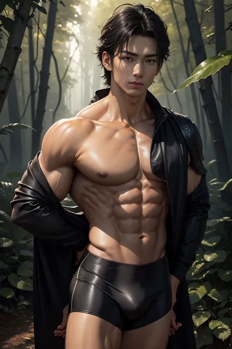 (Ultra realistic, intricate details, photorealistic, 8K HD, bright forest lightings,rich contrast), Detailed realistic, a handsome korean muscular young boy, powerful and intimidating, godly presence, young god|tarzan, ager face, beautiful, smooth dark bro...