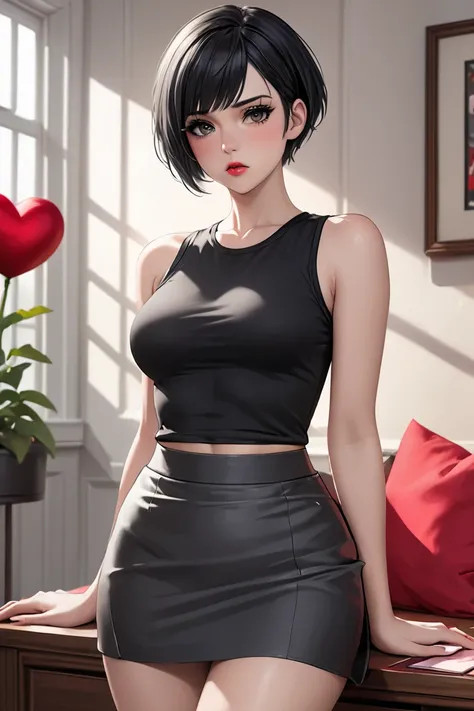 (masterpiece, best quality, 8k, high definition), whole body, 1 woman, black pixie cut, mid-chest, dark grey eyes, soft lips, beautiful face, wearing a black tanktop and tight black skirt, natural light, detailed background, Detailed Illustration Art, tsun...