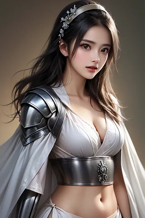 ((The upper body of a female warrior wearing silver and white light steel armor and a cloak:1.5)),1 person,  black hair,  belly shortcut   ,Big breasts and cleavage,  high-definition face and skin texture  ,  staring at the camera,   Chinese Warrior:1.2,  ...