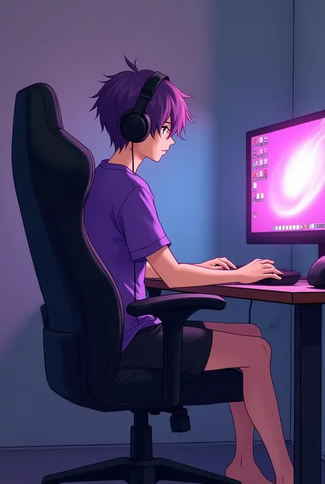 Draw an anime picture of me, a  boy, wearing a purple shirt, black shorts, no underwear, purple hair, black sports watch, sitting back on a black gaming chair with a PC in front of me or sit in bed listening to music