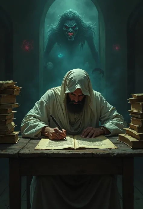 An Arab scribe writing the Necronomicon in a book with sheets of parchment . gloomy atmosphere. In the background, his thoughts are represented in the form of Lovecraftian creatures and nightmares