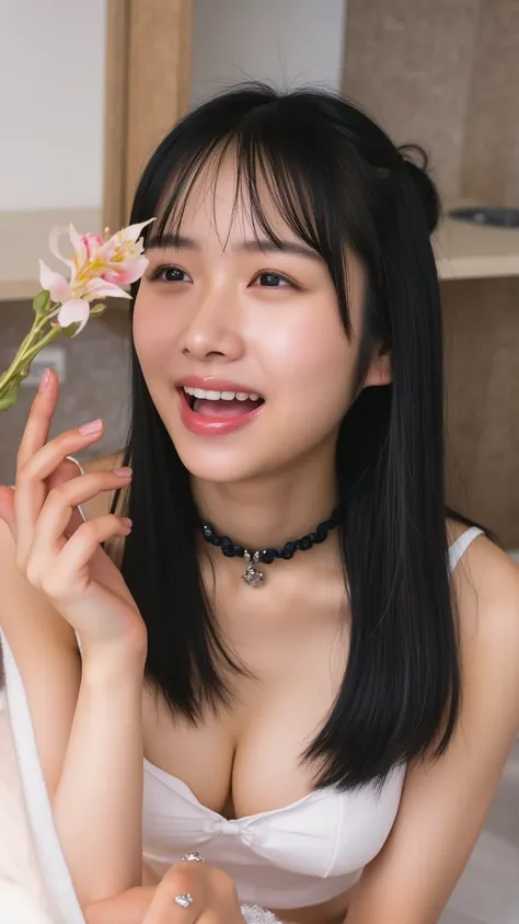 Highest quality,Japanese Idols、Award-winning photo, Very detailed, Edging Orgasm,(Woman with open mouth and closed eyes ), 18-year-old、Glowing Skin, Black choker, realistic nostrils 、ガーターストッキング