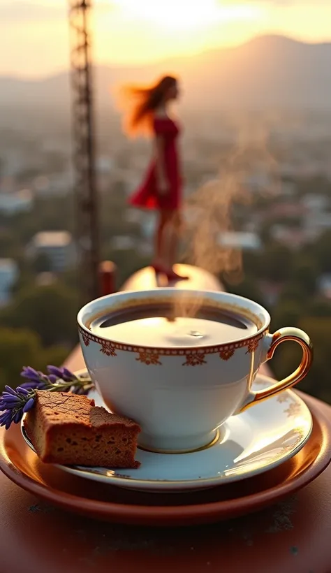 Close-up of a delicate white porcelain coffee cup with gold accents, resting on a matching saucer, both placed atop the rusted metal surface of a cell signal tower. Steam rises from the freshly brewed coffee, its surface mirroring a distorted reflection of...