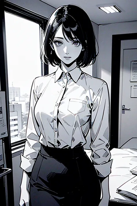 Line drawing, manga style, black and white, monochrome, clean smooth lines, masterpiece, one woman, white long sleeve business shirt, tight skirt, short hair, ((business shirt)), black hair, apartment interior, 30 years old