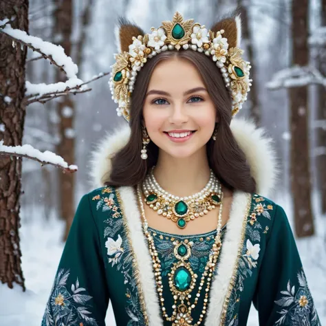 (background):winter. winter forest: snow-covered birch trees and spruce trees . (foreground): young smiling girl decorated in a gorgeous pearl kokoshnik beads in Russian style. (( clothes )):((Russian style1,8)): dark blue dress embroidered with fancy leav...