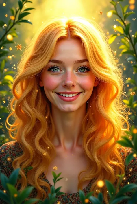 Create a drawing of a blond woman's hair in a solar square, sparkling and creative who loves nature and people