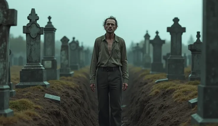 Create a hyper realistic image a many man standing in graveyard and buried  in grabe