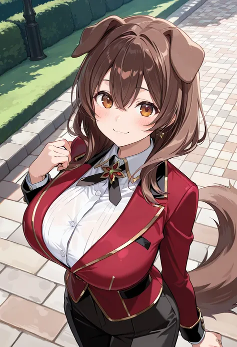 ( top quality , 8k , masterpiece , incredibly absurdres , beautiful woman , perfect body , super detailed skin , highly detailed eyes and face , 1 person ) , Inugami King , original hair color ,  brown hair  ,  dog ear , smile ,  will be happy , ( velvet b...