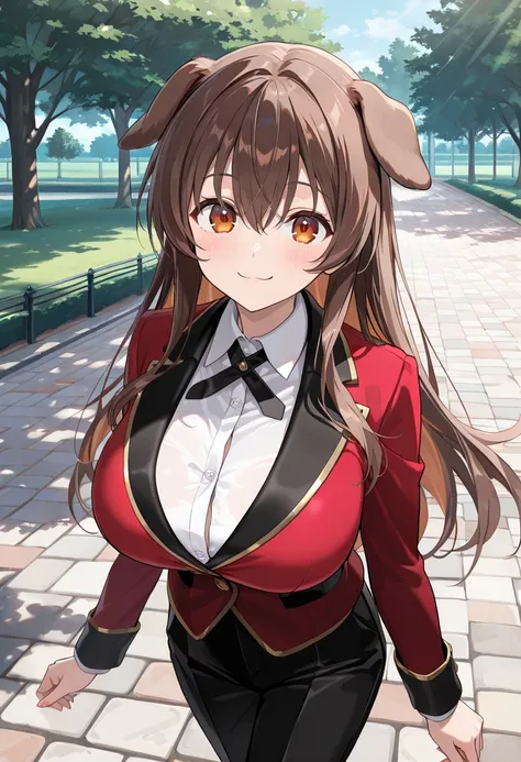 ( top quality , 8k , masterpiece , incredibly absurdres , beautiful woman , perfect body , super detailed skin , highly detailed eyes and face , 1 person ) , Inugami King , original hair color ,  brown hair  ,  dog ear , smile ,  will be happy , ( velvet b...