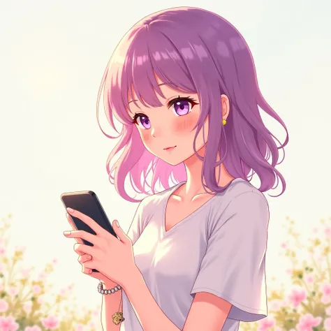 I'm looking for a pretty anime girl with a cell phone that has ornaments hanging on her other hand and a beautiful keychain on her other hand