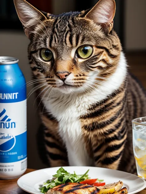 a close-up portrait of an bob cat with a grilled chicken and a glass of soda, detailed fur, intricate whiskers, intense eyes, soft lighting, realistic, photorealistic, high quality, 8k, best quality, ultra-detailed, professional, vivid colors, natural ligh...