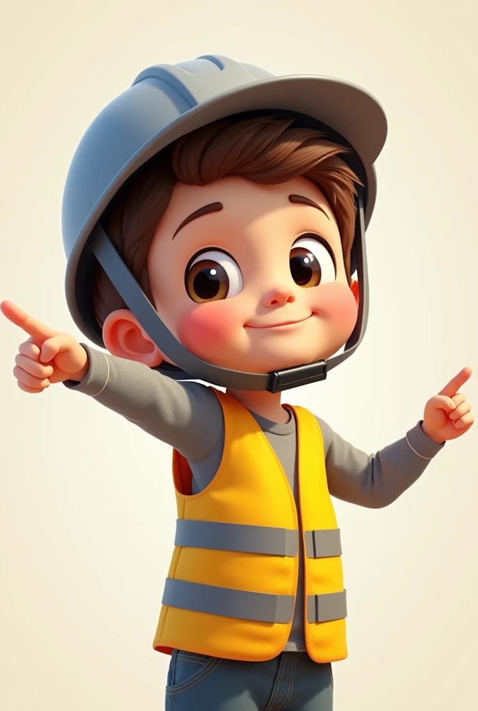 Cartoon photo of a boy wearing a soft grey long sleeve shirt with a yellow safety vest and grey safety helmet where the headband was place under his chin, pointing out to you