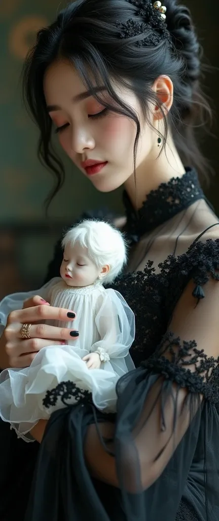 Live action photography， a beautiful Chinese woman wearing a dress， holding a white doll in her arms 。She is beautiful and cute 。 Her black and white dress is delicate and romantic ， gothic style ，Rich layers， front view， close-up shot 。