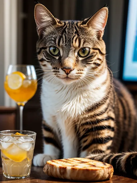 a close-up portrait of an bob cat with a grilled chicken and a glass of soda, detailed fur, intricate whiskers, intense eyes, soft lighting, realistic, photorealistic, high quality, 8k, best quality, ultra-detailed, professional, vivid colors, natural ligh...