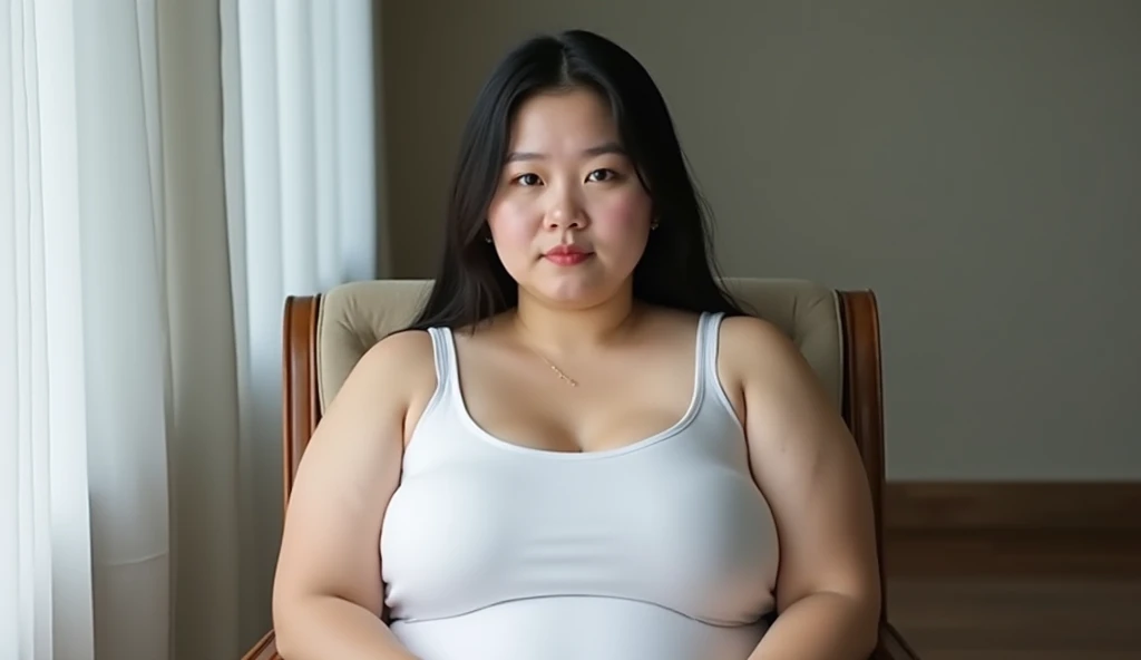 full body photo of a very pretty Korean girl, plump body, white skin, round face, long hair, wearing a white tank top, wide neck, low-cut neck, eyes looking straight into the lens, sitting upright on a chair facing the camera, extremely large breasts