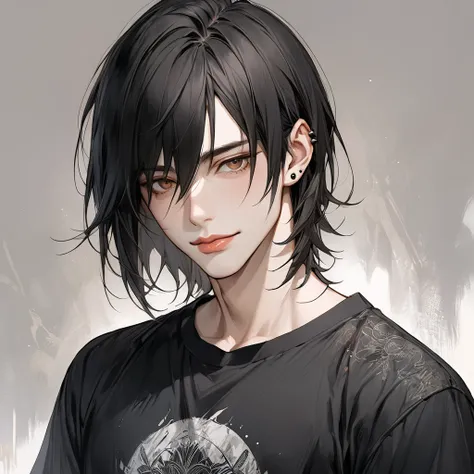 Age 19、 handsome、man、 beautiful black hair、1 person、Semi-realistic art、droopy eyes，  handsome、grateful, kawail, upper body、thick lips、black shirt、 short hair、 straight hair, piercing, center part, half smile、standing、Strong brushwork , slender、 host style ...