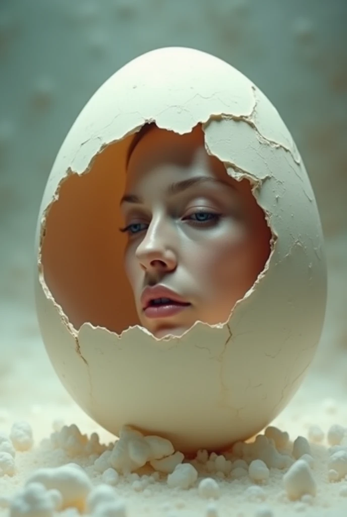 Half-open egg shell,and inside is a human face