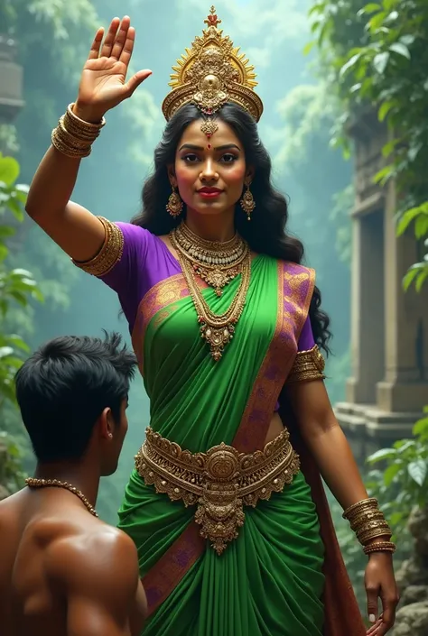  indian goddess in green saree and purple blouse shows nazi salute to the lover