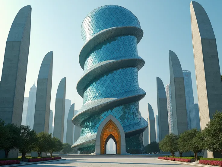 A 300 meter tall, screw-shaped building adorned with diamond like glass all over it in a mesmerising, towering view. Tens more artificial rises in the form of towers could be seen all around the Academy grounds, their designs a bit different from the screw...