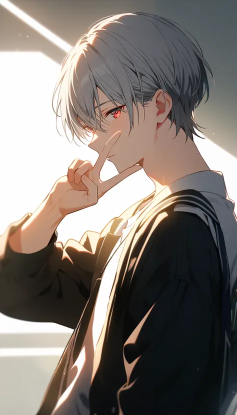  white Y shirt, high school student from the side,Japanese high school student from the side, handsome, alone, 1 male, Gray Hair,  red eyes,noon,  white light , cute eyes , Short Hairstyle , looking at camera ,Making a peace sign, Near Future Background 