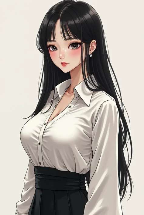 A fictional picture of a beautiful 24-year-old woman who has long straight black hair, black eyes and a very well developed body.Big F-cup breasts and clear white skin like the moon. She wears respectable clothes consisting of a jumpest shirt in a fantasy ...