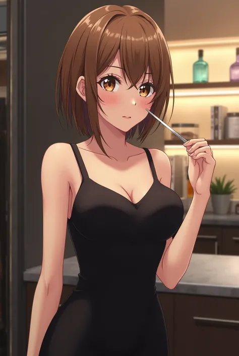 sexy hot suzune horikita from clasroom of the elite wearing a black dress, in a salon having gotten a haircut (pixie) and dyed light brown