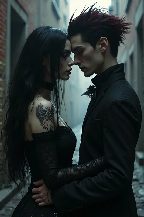 Create a goth girl with black hair demon with a boy with black and red vampire hair