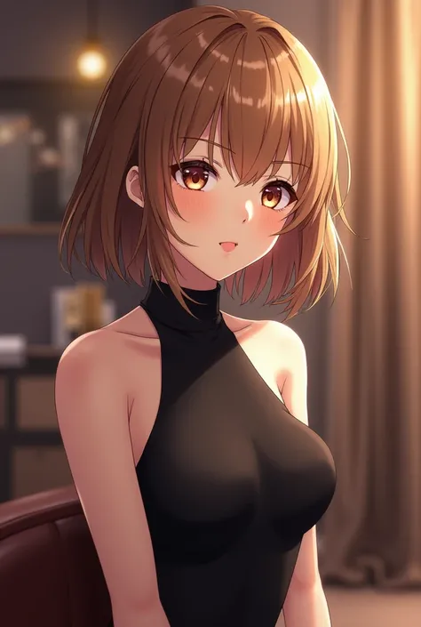 sexy hot suzune horikita from clasroom of the elite wearing a black dress, in a salon having gotten a haircut (bob) and dyed light brown