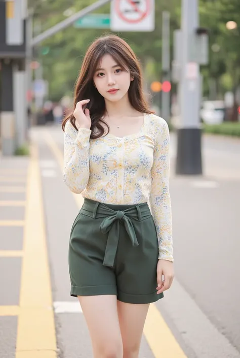 A beautiful  girl,slightly chubby, wavy hair,wearing white yellow blue circle pattern and short dark green pants, 
 expressively in a intersection at seoul, professional photography, full body shot, blurred backgrounds, morning natural lighting, warm light...