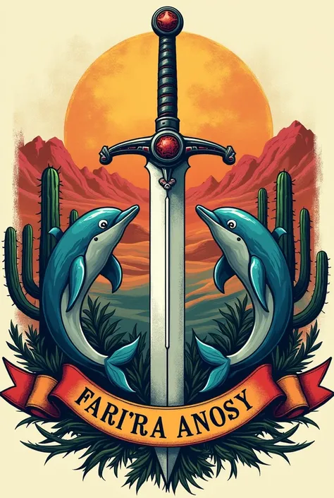 Logo militaire avec des dauphins et de cactus ,une épée pointer vers le haut au milieu ,et un écriture faritra ANOSY DANS UN bannière en bas,et drapeau blanc +rouge +vert au milieu