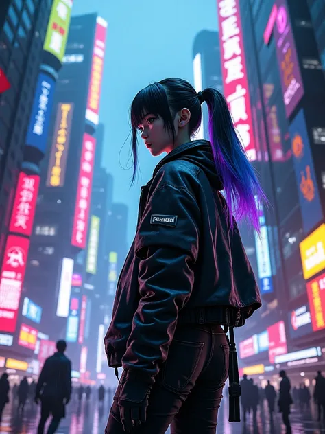 real photograph,
 high resolution, masterpiece,  top quality,  high detail, 
A Japanese cyberpunk girl with a cute face, viewed from a powerful low-angle perspective in a neon-drenched futuristic city. She stands tall against the glowing skyscrapers, her c...