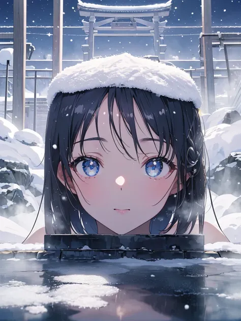 ８k, ((((Hide big breasts with a towel)))), (((((Cover the front of your body with a towel))))), ((((( starry sky ))))), ((((( midnight)))))), ((((heavy snow)))), ((((Snowfall)))), ((((Snowfall)))), ((((Moonlight)))), ((( spectacular snowy background))), ((...