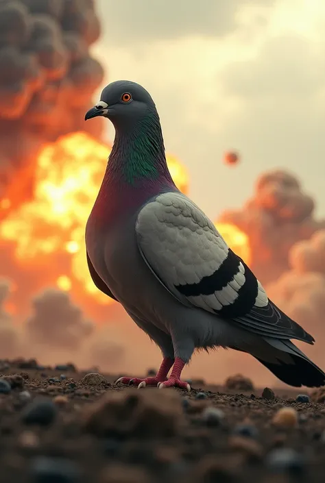 A soldier pigeon taking a shit while a bomb is exploding behind him