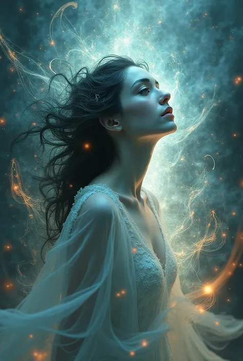 Beautiful Real Looking Woman, Ghotic make up, Pale Skin,  Entitie Astral Projection ,Magnificent colours of Energies,  Abstrac Art 
Digital Quality Clear picture, Realistic looking photo, 3D 