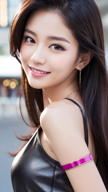 Sexy Japanese Model, 美しいsmile, Lip gloss, Dramatic Makeup, Close-up photo, (Large sparkly necklace), (big shiny bracelet), Daytime scene, big shopping mall background, Improve, (Fuchsia highlights), Long, flowing black hair, ((Business style dark fuchsia l...