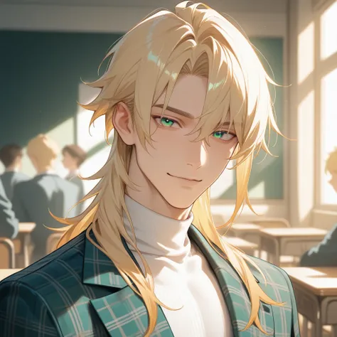 masterpiece, best quality, detailed face, 1 boy, solo, handsome face, masculine body, gentle smile,
short and elegant hair, blonde hair, mullet, vibrant emerald eyes, plaid jacket, white turtleneck,
people in background, classroom, morning, depth of field,...