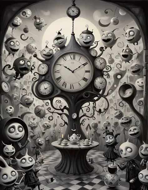  black and white (Pencil sketch:1.1), Tim Burton style の館の迷宮のような廊下の中で,  have a clock with faces and hands hanging on the wall ,  each depicts a different time period in a surreal world . Eccentric residents unfold like ,  wear dazzling geometric costumes ,...