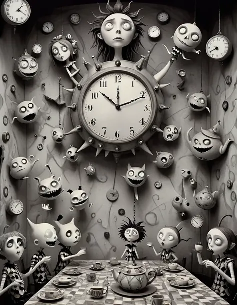  black and white (Pencil sketch:1.1), Tim Burton style の館の迷宮のような廊下の中で,  have a clock with faces and hands hanging on the wall ,  each depicts a different time period in a surreal world . Eccentric residents unfold like ,  wear dazzling geometric costumes ,...