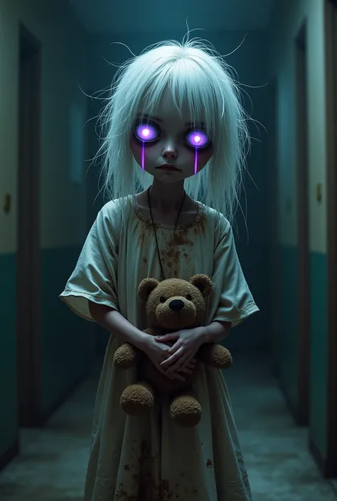  Create an image:  a  in a dark room , She is small,  wears a dirty hospital gown, You have white hair ,  glowing opaque white eyes , Neon purple tears ,  holds a ragged teddy bear .  She was the victim of experiments .