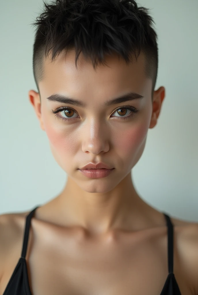 (masterpiece, best quality, absurdres, 4k, aesthetic, detailed, intricate), a close up of a person wearing glasses, a character portrait, inspired by Aaron Nagel, featured on reddit, pixie cut with shaved side hair, ultra high quality model, heavy eyebrows...