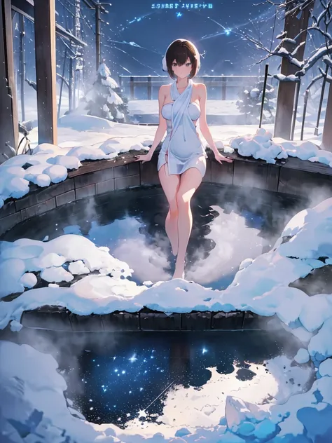 ８k, ((((Hide big breasts with a towel)))), (((((Cover the front of your body with a towel))))), ((((( starry sky ))))), ((((( midnight)))))), ((((heavy snow)))), ((((Snowfall)))), ((((Snowfall)))), ((((Moonlight)))), ((( spectacular snowy background))), ((...