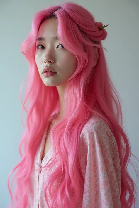 Long-haired Korean female model with dragon fruit hair， studio