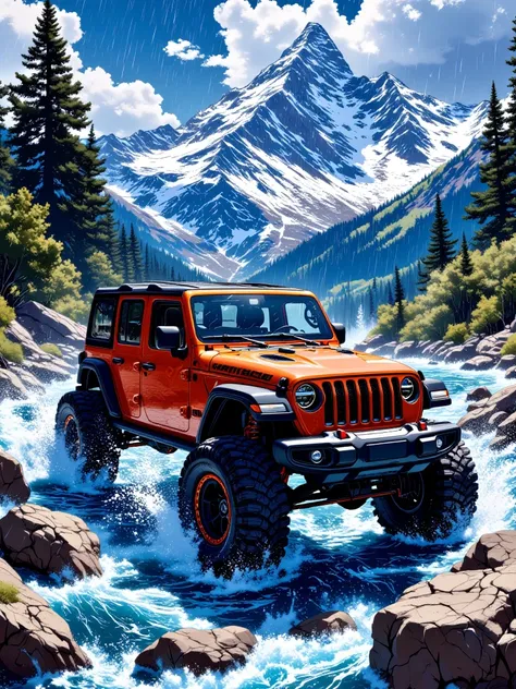 an illustration of an orange Jeep Wrangler navigating a rocky river in a mountainous landscape.
Details:
Foreground:
The Jeep takes center stage, its orange paint contrasting with the natural surroundings. The vehicle is splashing through the river, creati...