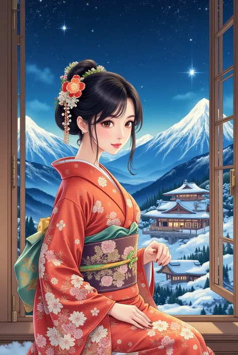 intense ink painting、 beautiful woman、bright and vibrant kimono dress、 perfect beautiful face in a private house、 perfect brown eyes 、 perfect pink lips 、 perfect style、A beautiful figure like a goddess、A Japanese-style hotel at the foot of a snowy mountai...