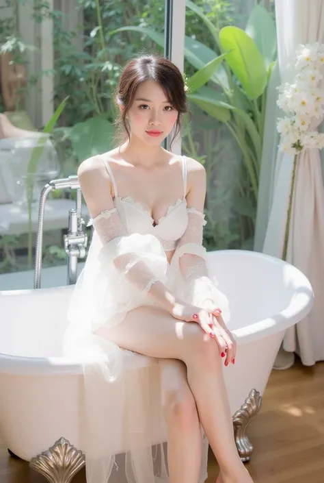 a young woman sitting elegantly on the edge of a white vintage bathtub. She is wearing a delicate white lace outfit with sheer, flowing sleeves, and the fabric drapes gracefully onto the floor. Her hair is styled in a loose, elegant updo adorned with small...