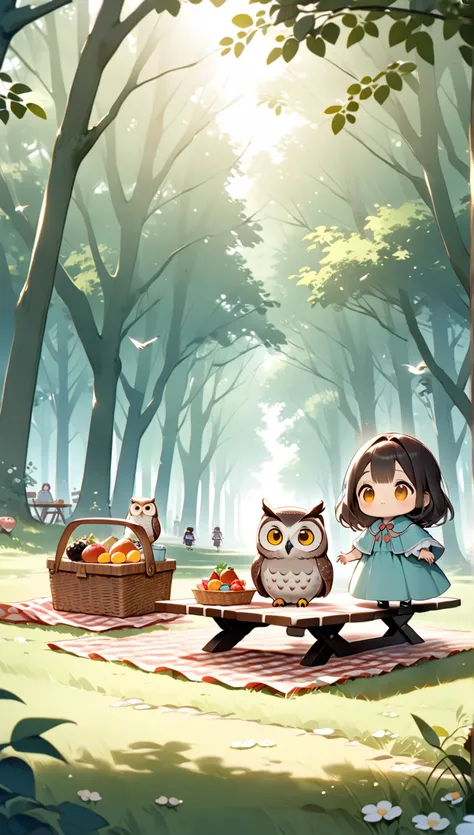 The journey of cute animals, very cute owl ,  Hzk,      miniature girl      ,  picnic ,