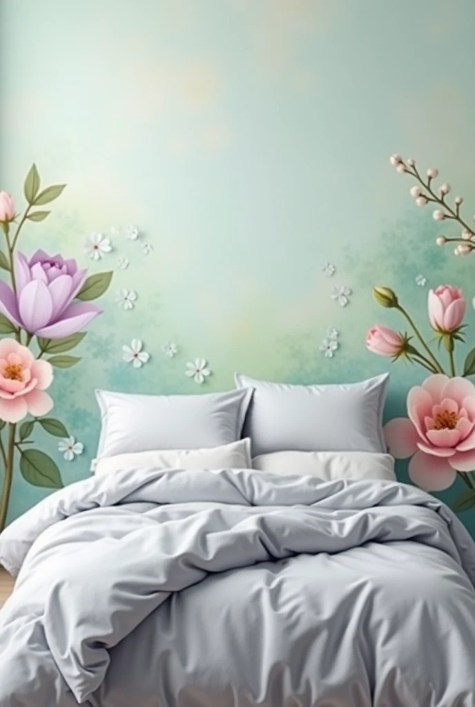 Design a serene bedroom scene featuring a SOFT GREY COMFORTER neatly placed on a bed. The bed should have a clean, cozy aesthetic with subtle details like pillows and a simple bed frame.
Comforter color only "Grey" 

"Surround the bed with a vibrant floral...