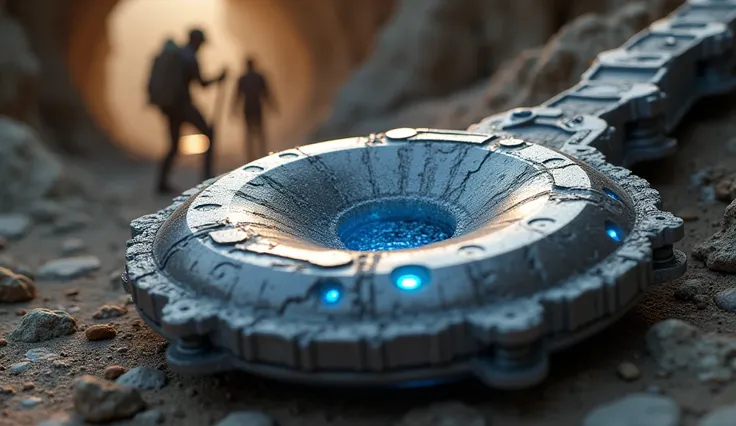 Close-up view of the metallic object, highlighting its surface texture.  Subtle glowing elements represent aluminum and magnesium atoms.  A faded image of prehistoric miners using primitive tools in the background should contrast with the advanced material...